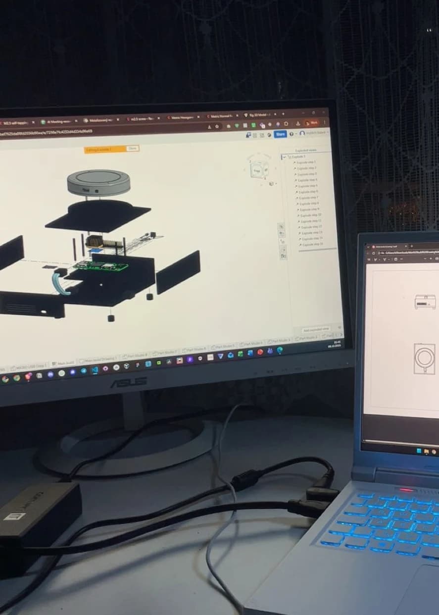 A monitor showing a circular 3D interface or product design prototype in progress.
