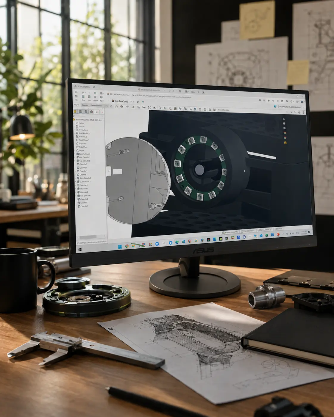 A monitor showing a circular 3D interface or product design prototype in progress.