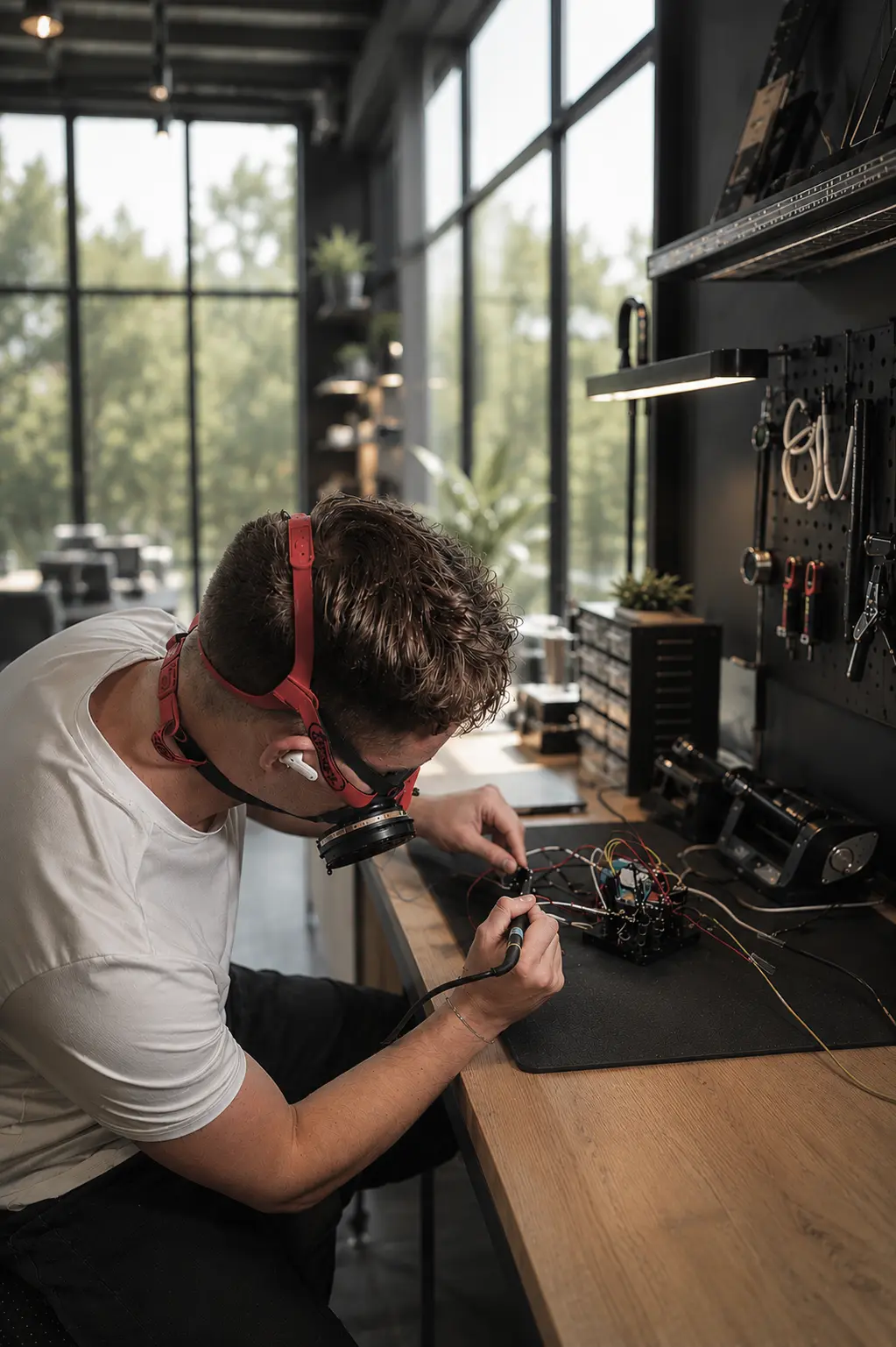 Vojtěch Bobek repairing or assembling a desktop PC on the floor.