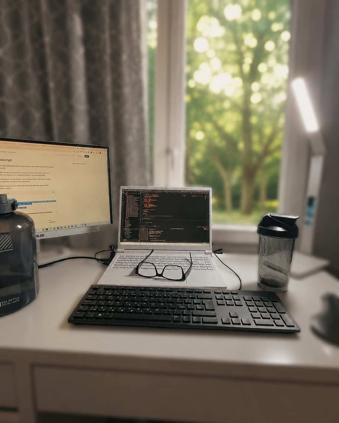Vojtěch Bobek's workspace with a laptop, monitor, keyboard, and coffee during a development session.